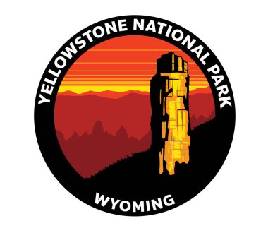Yellowstone Ulusal Parkı Wyoming Vektör Logosu Gün batımı Taşlaşmış Ağaç