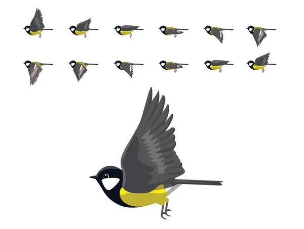 Bird Great Tit Flying Animation Sequence Cartoon Vector ภาพประกอบสต็อกที่ปลอดค่าลิขสิทธิ์