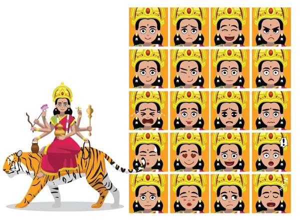 stock vector Kushmanda Goddess Durga Cartoon Emotion faces Vector Illustration