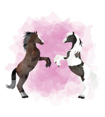 Atlar Sevgililer Günü Aşk Kartpostalının Hayvan Sembolü Suluboya Vektör İllüstrasyonu