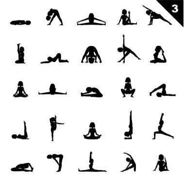 Yoga Silueti Kadın Karakterleri Yerleştirdi Vektör Siyah Gölge Dizisi 3