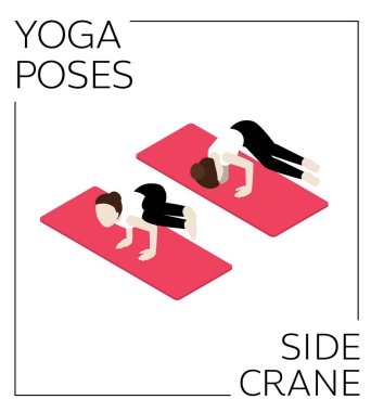 Yoga Poz Yan Turna Kargası Isometric Vektör Kümesi