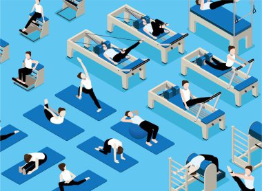 Sağlık Merkezi Pilates Yoga Arkaplan Isometric Vektör Kümesi