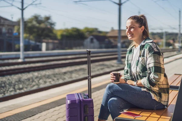 Happy Woman Enjoys Drinking Coffee Sitting Bench Train Station — Stock Photo, Image
