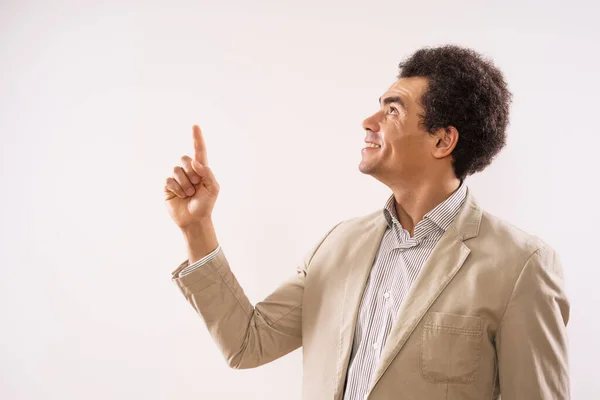 Portrait Happy Businessman Pointing — Stockfoto