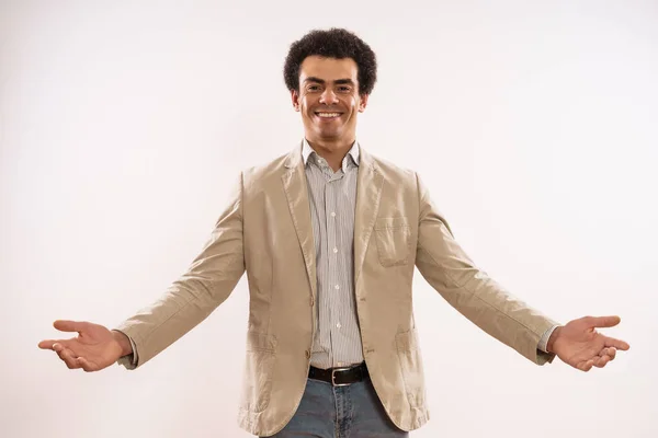Portrait Happy Successful Businessman Showing Welcome Gesture — Stockfoto