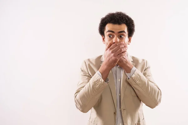 Portrait Shocked Businessman Covering His Mouth — Stockfoto