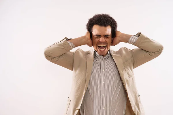 Image Frustrated Businessman Covering His Ears Shouting — Stockfoto