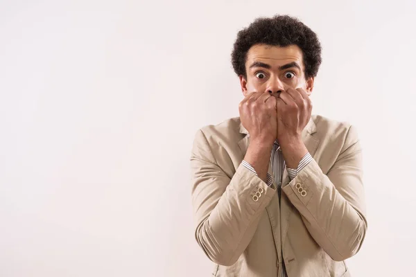 Portrait Shocked Businessman Covering His Mouth — Stockfoto
