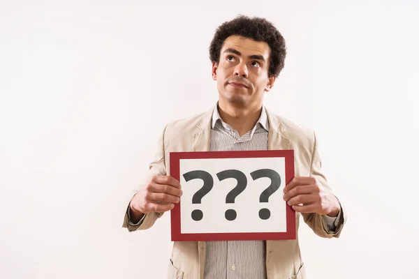 Image Confused Businessman Showing Paper Question Marks — Stock Photo, Image