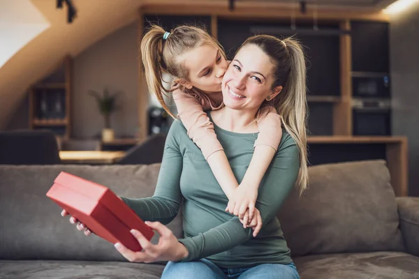 Happy Mother Getting Gift Her Daughter — Stock Photo, Image