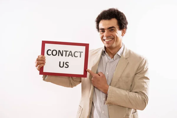 Image Businessman Holding Paper Text Contact — Stock Photo, Image