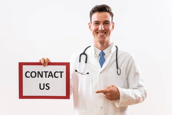 Image Doctor Holding Paper Text Contact — Stock Photo, Image
