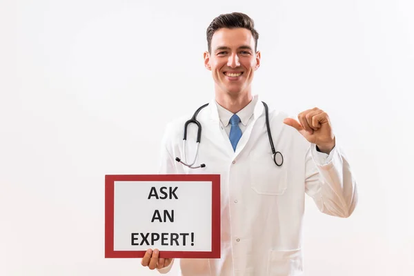 Image Doctor Holding Paper Text Ask Expert Pointing Himself — Stock Photo, Image