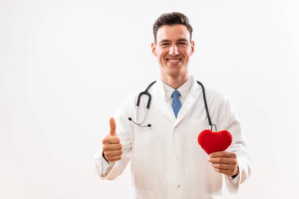 Imagem Jovem Médico Mostrando Forma Coração Polegar Para Cima — Fotografia de Stock