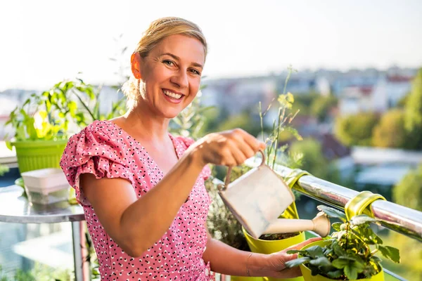 自宅のバルコニーでハッピーな女性ガーデニング 彼女は彼女のストロベリー植物の世話をしている — ストック写真