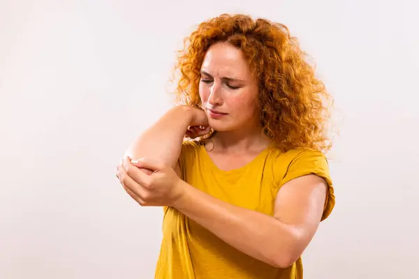 Ginger Woman Having Pain Her Elbow — Stock Photo, Image