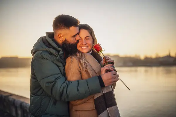 Happy Man Giving Red Rose His Woman While Enjoy Spending — Stock Photo, Image