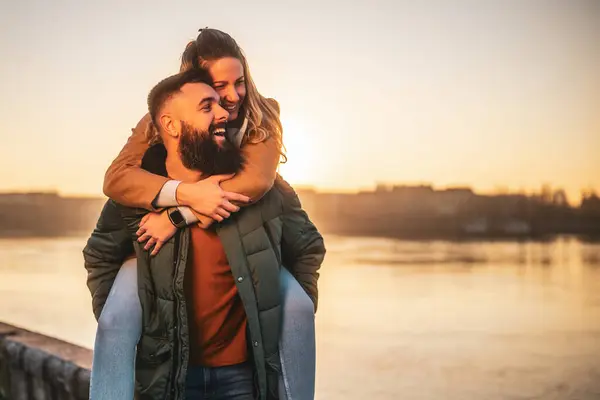 Happy Couple Enjoy Spending Time Together Outdoor Sunset Man Carrying — Stock Photo, Image