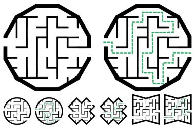 Basit labirentler, çocuklar için labirentler. Giriş ve çıkışta bebek bulmacaları. Çocuklar bilmece oyunları.