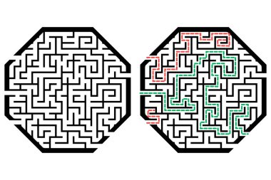 Labirentle illüstrasyon, çocuklar için labirent bilmecesi. Giriş ve çıkışı olan bebek bulmacası. Çocuk bulmaca oyunu.