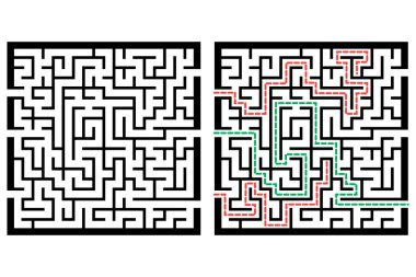 Labirentle illüstrasyon, çocuklar için labirent bilmecesi. Giriş ve çıkışı olan bebek bulmacası. Çocuk bulmaca oyunu.