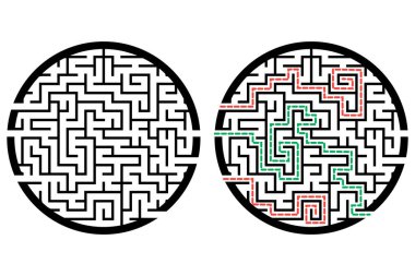 Labirentle illüstrasyon, çocuklar için labirent bilmecesi. Giriş ve çıkışı olan bebek bulmacası. Çocuk bulmaca oyunu.