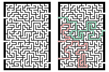 Labirentle illüstrasyon, çocuklar için labirent bilmecesi. Giriş ve çıkışı olan bebek bulmacası. Çocuk bulmaca oyunu.