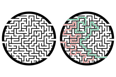 Labirentle illüstrasyon, çocuklar için labirent bilmecesi. Giriş ve çıkışı olan bebek bulmacası. Çocuk bulmaca oyunu.
