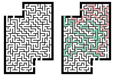 Labirentle illüstrasyon, çocuklar için labirent bilmecesi. Giriş ve çıkışı olan bebek bulmacası. Çocuk bulmaca oyunu.