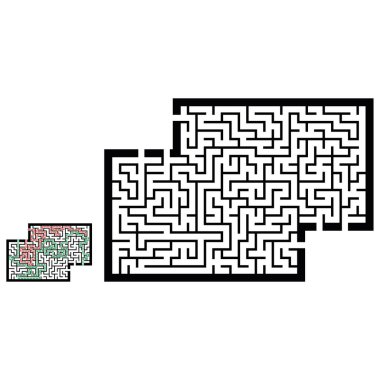 Labirentle illüstrasyon, çocuklar için labirent bilmecesi. Giriş ve çıkışı olan bebek bulmacası. Çocuk bulmaca oyunu.