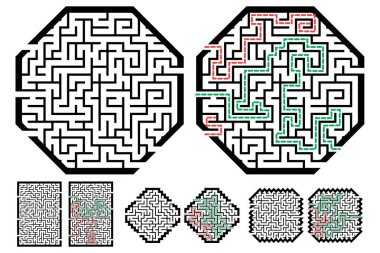 Labirentler, çocuklar için labirentler. Giriş ve çıkışta bebek bulmacaları. Çocuklar bilmece oyunları.