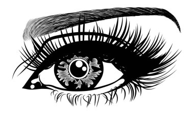 Kadın gözü, kirpikleri ve kaşları olan bir resim. Makyaj. Bak. Dövme tasarımı. Kaş barı veya kırbaç salonu logosu.