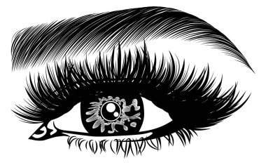 Kadın gözü, kirpikleri ve kaşları olan bir resim. Makyaj. Bak. Dövme tasarımı. Kaş barı veya kırbaç salonu logosu.