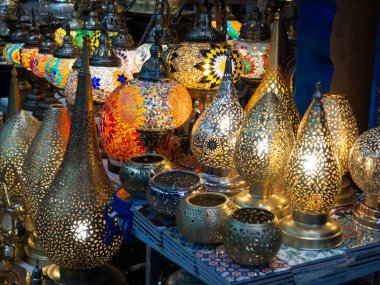 Moroccan style lamps in the medina traditional market. Lights and souvenir shops , Marrakech Africa