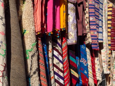 Berber carpets and fabrics in Marrakech market