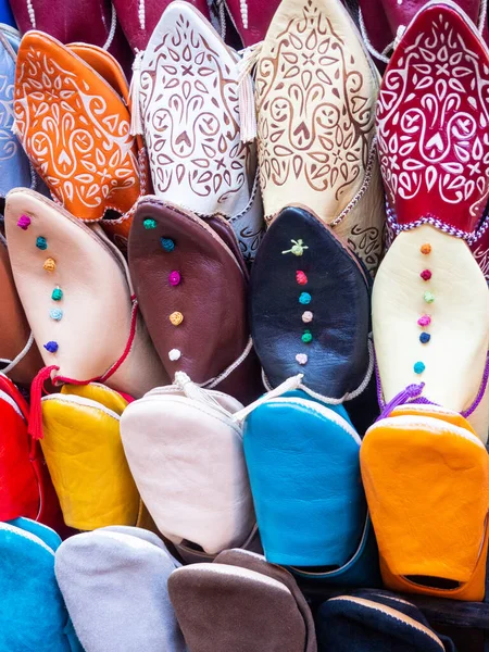 Typical handmade Moroccan slippers in a shop of Marrakech