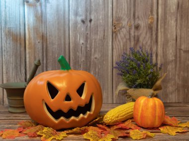 Cadılar Bayramı balkabağı başlıklı fener mumlu bir balkabağı ahşap arka planda