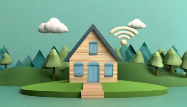 Kırsal kesimde kablosuz bağlantı sinyali olan ahşap bir ev. Görüntü IA tarafından oluşturuldu