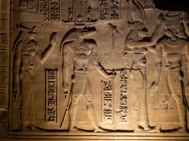 Mısır 'daki büyük Nil nehrinin kıyısındaki Kom Ombo tapınağının gece ışıklarıyla