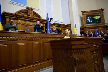 4.11.2023 Ukrayna. Kyiv. Ursula von der Leyen Ukrayna 'nın Verkhovna Rada bölgesindeki Avrupa Komisyonu Başkanı. Yüksek kalite fotoğraf