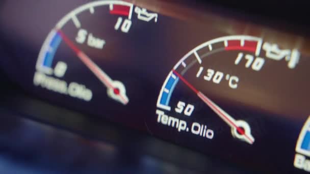 Close Shot Illuminated Dashboard Speedometer Sports Car Red Arrows Showing — Stock Video