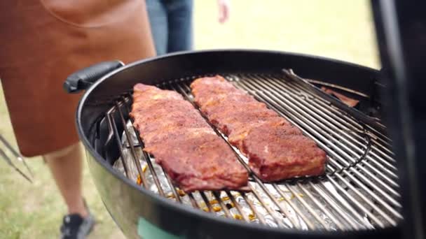 Côtes Porc Marinées Assaisonnées Grillades Sur Grille Barbecue Dans Fumeur — Video
