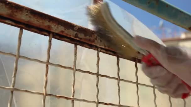 Person Hand Protective Gloves Rubbing Metal Gate Surface Special Steel — Stock Video