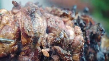 Et şişi kızarır ve yanan ateşte sigara içerler, gevrek kabuklu sulu et parçaları yavaşça yanar, ev yapımı baharatlı et filetosu barbekü dumanında, lezzetli et lezzetine hazırlanır.