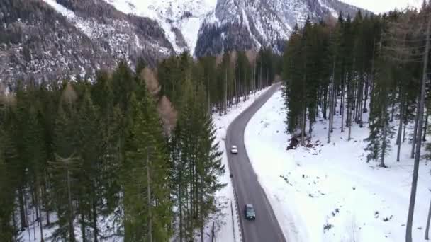 Asfalto Strada Montagna Invernale Che Passa Attraverso Foresta Ghiacciata Auto — Video Stock