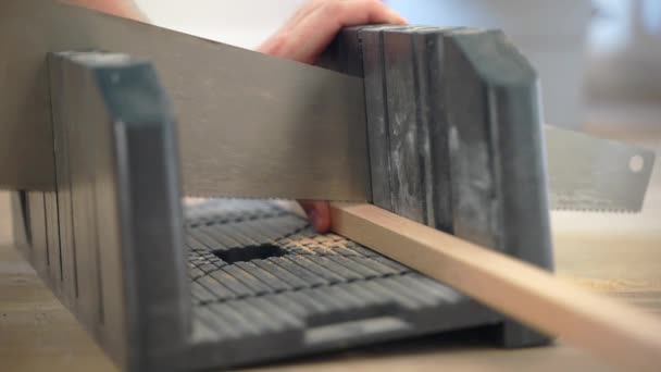 Proces Cięcia Myśleć Surowe Deski Drewniane Piłą Ręczną Tworzących Trociny — Wideo stockowe
