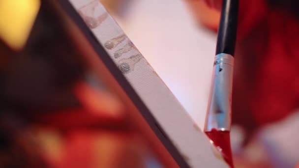 Close Shot Painting Brush Hands Talented Artist Drawing Canvas Studio — Vídeo de Stock