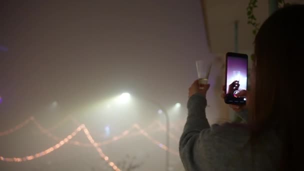 Woman Taking Photos Night Foggy Street Champagne Glass Cellphone Beautifully — Stock video
