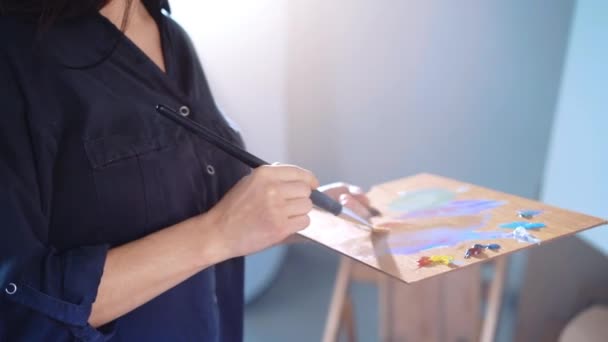 Wooden Palette Oil Colour Mix Hands Professional Female Artist Talented — Vídeos de Stock